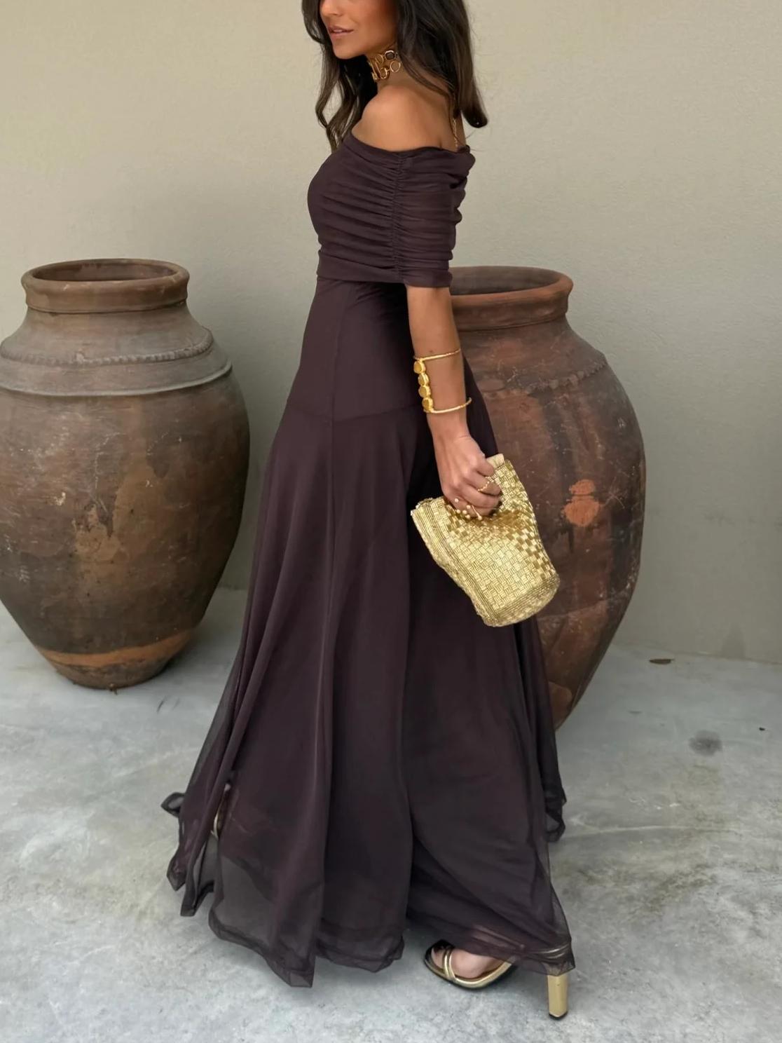 Elegant Mesh Maxi Dress for Women with Off Shoulder Ruched Bodice Flowing Evening Style