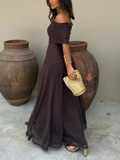 Elegant Mesh Maxi Dress for Women with Off Shoulder Ruched Bodice Flowing Evening Style