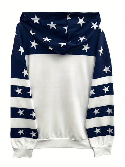 Comfortable Navy Star Print Hoodie for Women with Drawstring Hood Long Sleeve Colorblock Casual Style