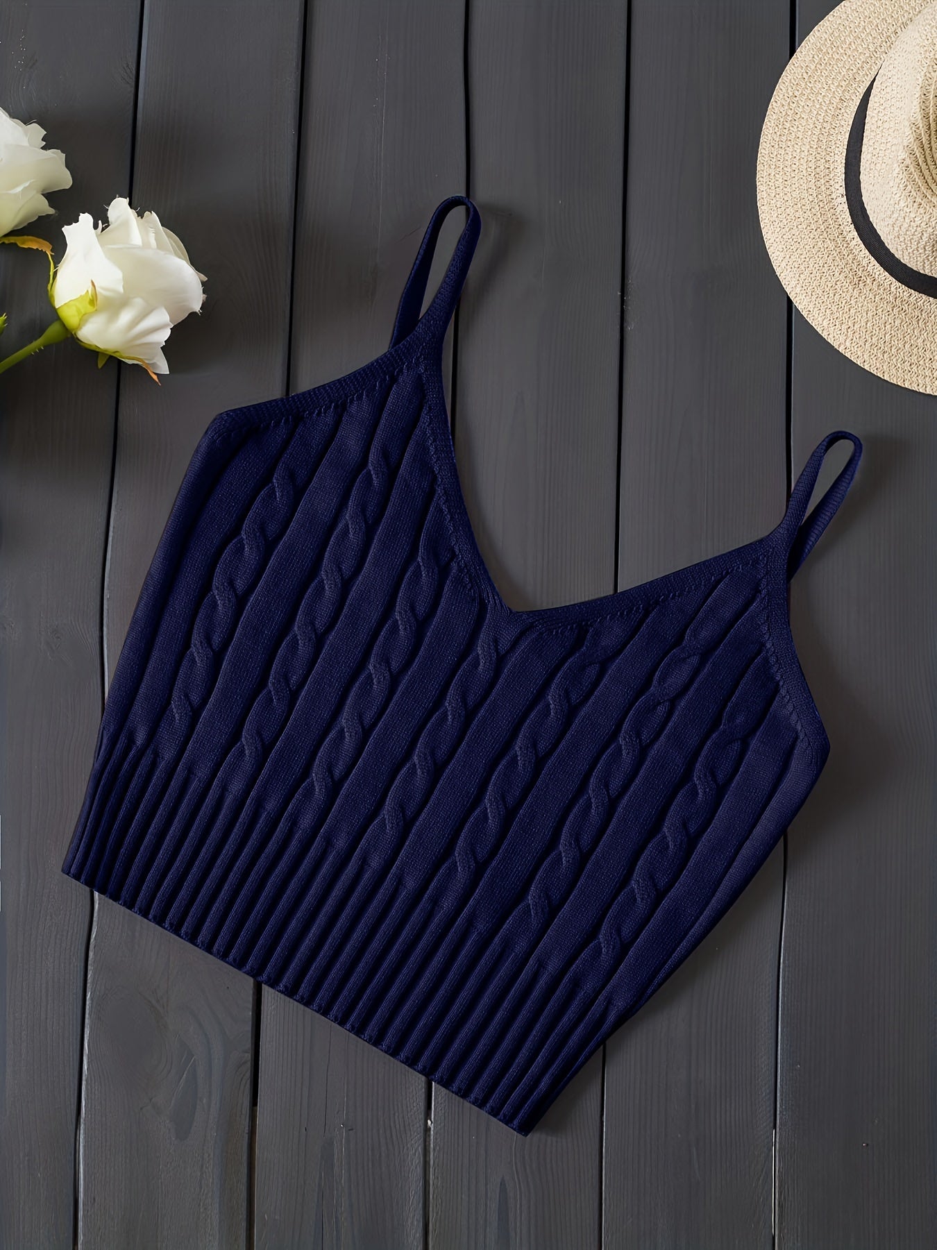 Effortless Cable Knit Tank for Women with V Neck Sleeveless Cropped Ribbed Casual Style