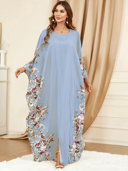 Elegant Floral Print Kaftan Maxi Dress for Women with Round Neck Batwing Sleeve Flowing Style