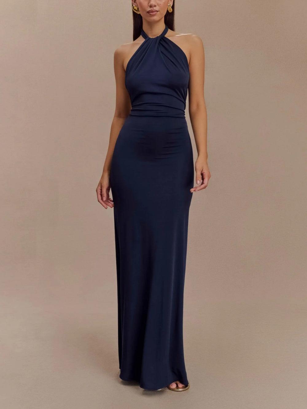 Elegant Navy Maxi Dress for Women with Halter Neck Ruched Column Flowing Formal Wedding Guest Style