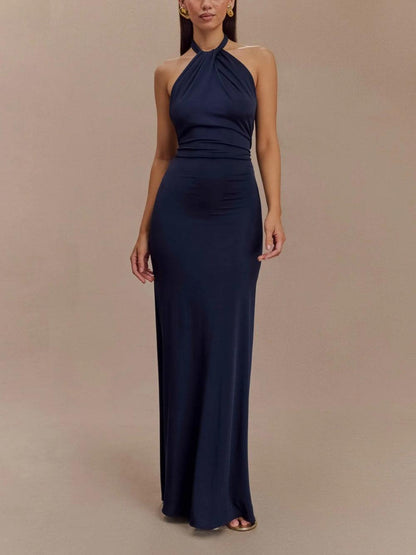 Elegant Navy Maxi Dress for Women with Halter Neck Ruched Column Flowing Formal Wedding Guest Style