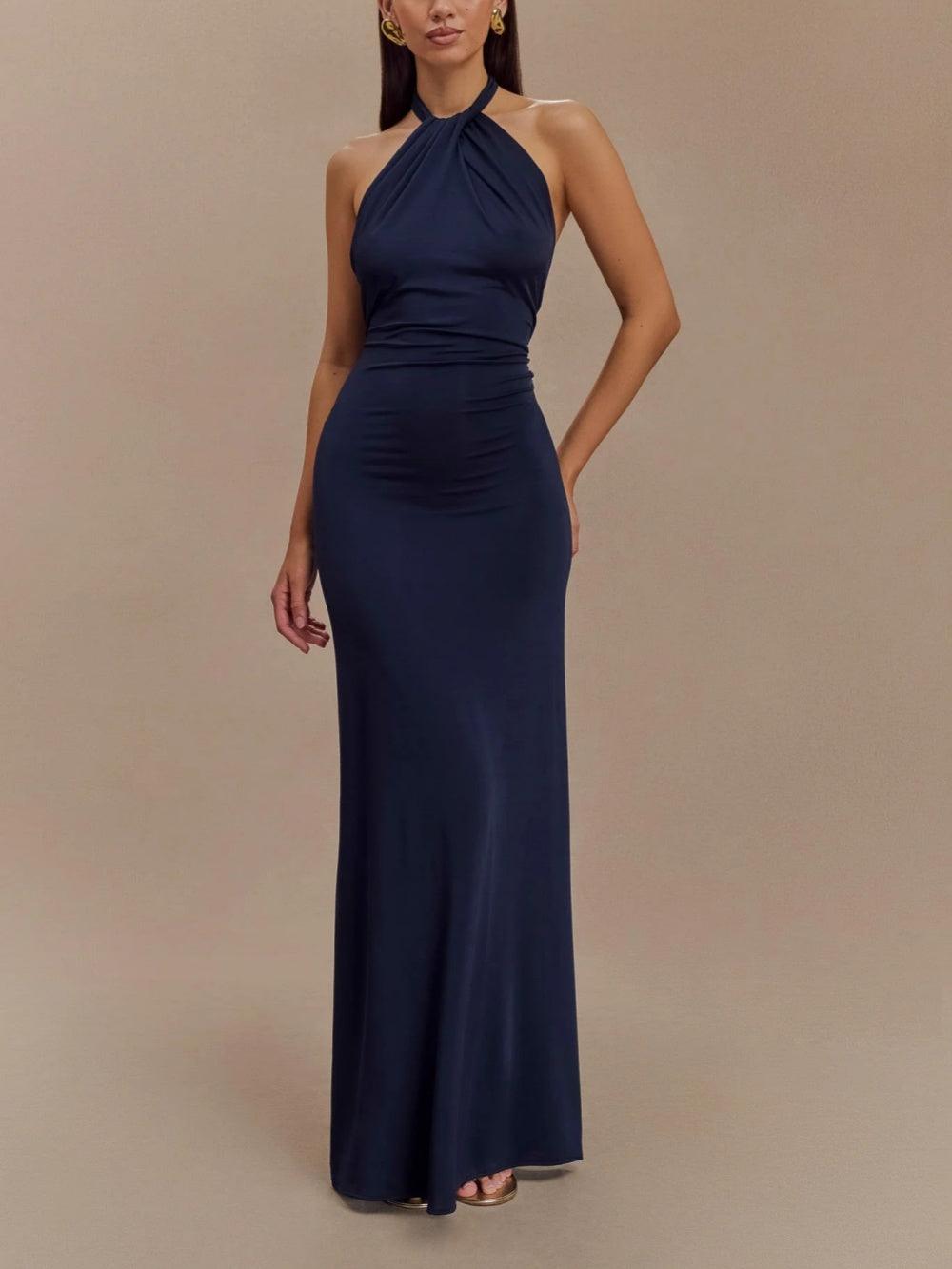 Elegant Navy Maxi Dress for Women with Halter Neck Ruched Column Flowing Formal Wedding Guest Style