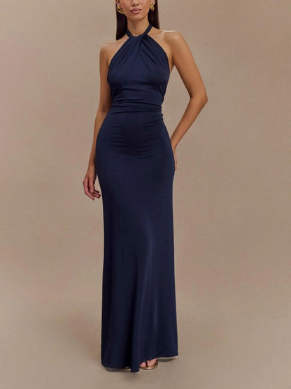Elegant Navy Maxi Dress for Women with Halter Neck Ruched Column Flowing Formal Wedding Guest Style