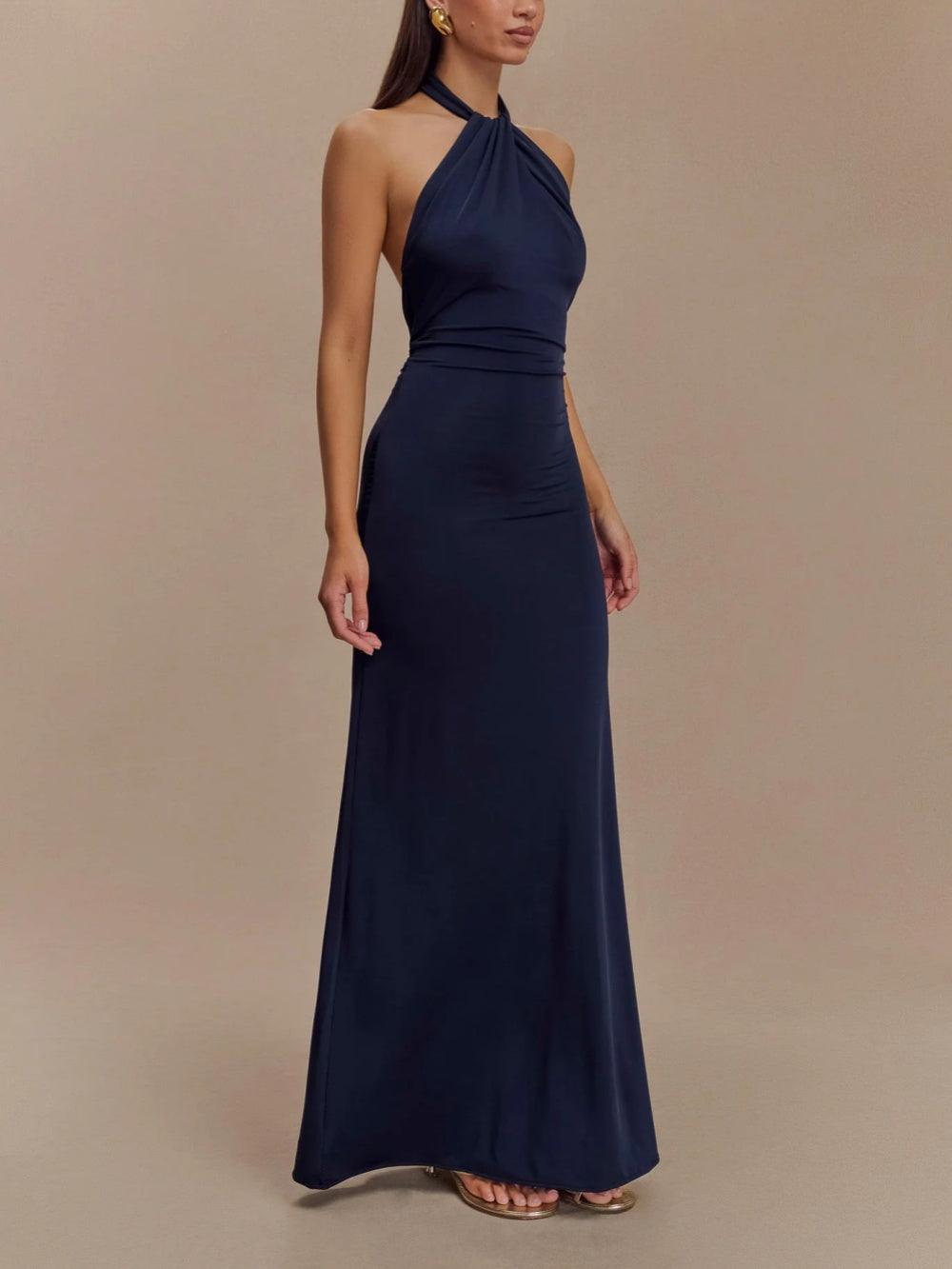 Elegant Navy Maxi Dress for Women with Halter Neck Ruched Column Flowing Formal Wedding Guest Style