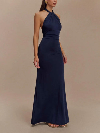 Elegant Navy Maxi Dress for Women with Halter Neck Ruched Column Flowing Formal Wedding Guest Style