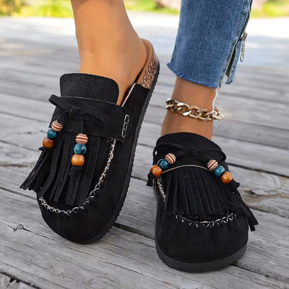Stylish Mules for Women with Fringe Tassel Beaded Suede Slip On Moccasin Style