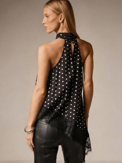 Elegant Satin Blouse for Women with Halter Neck Sleeveless Lace Trim Asymmetric Style
