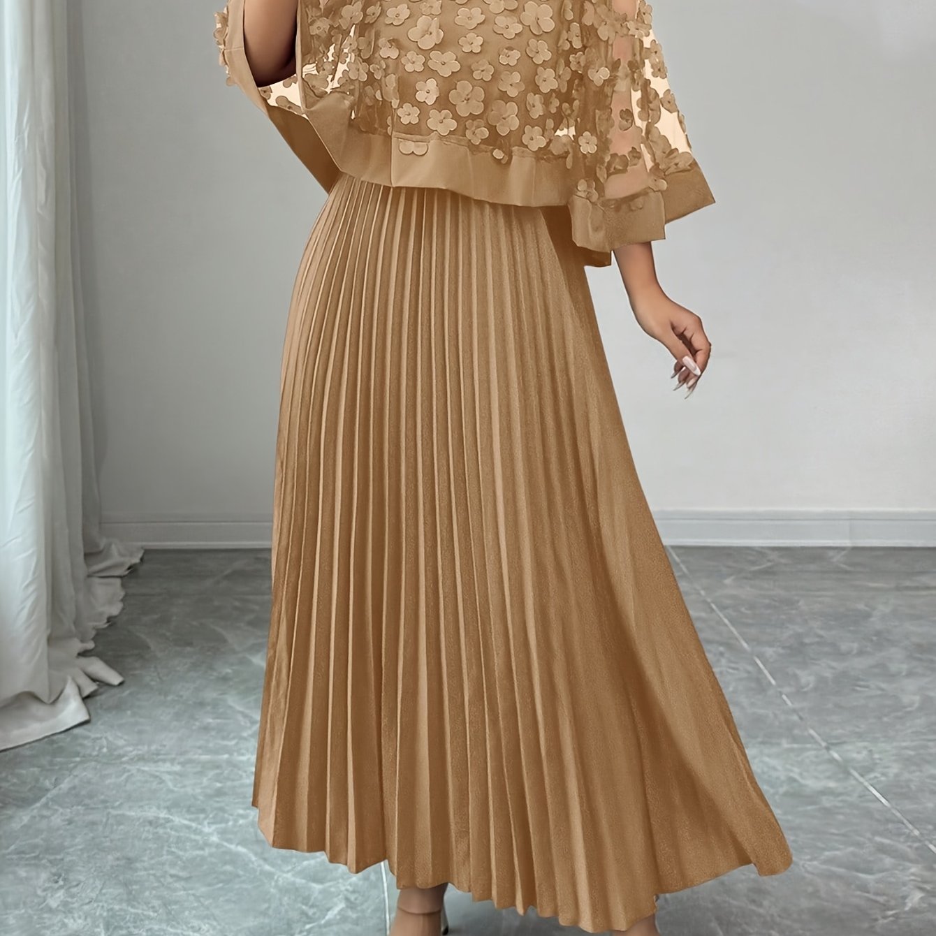 Elegant Floral Mesh Two Piece Set for Women with Round Neck Flutter Sleeve Pleated Maxi Skirt Formal Style
