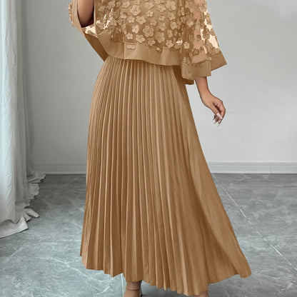 Elegant Floral Mesh Two Piece Set for Women with Round Neck Flutter Sleeve Pleated Maxi Skirt Formal Style