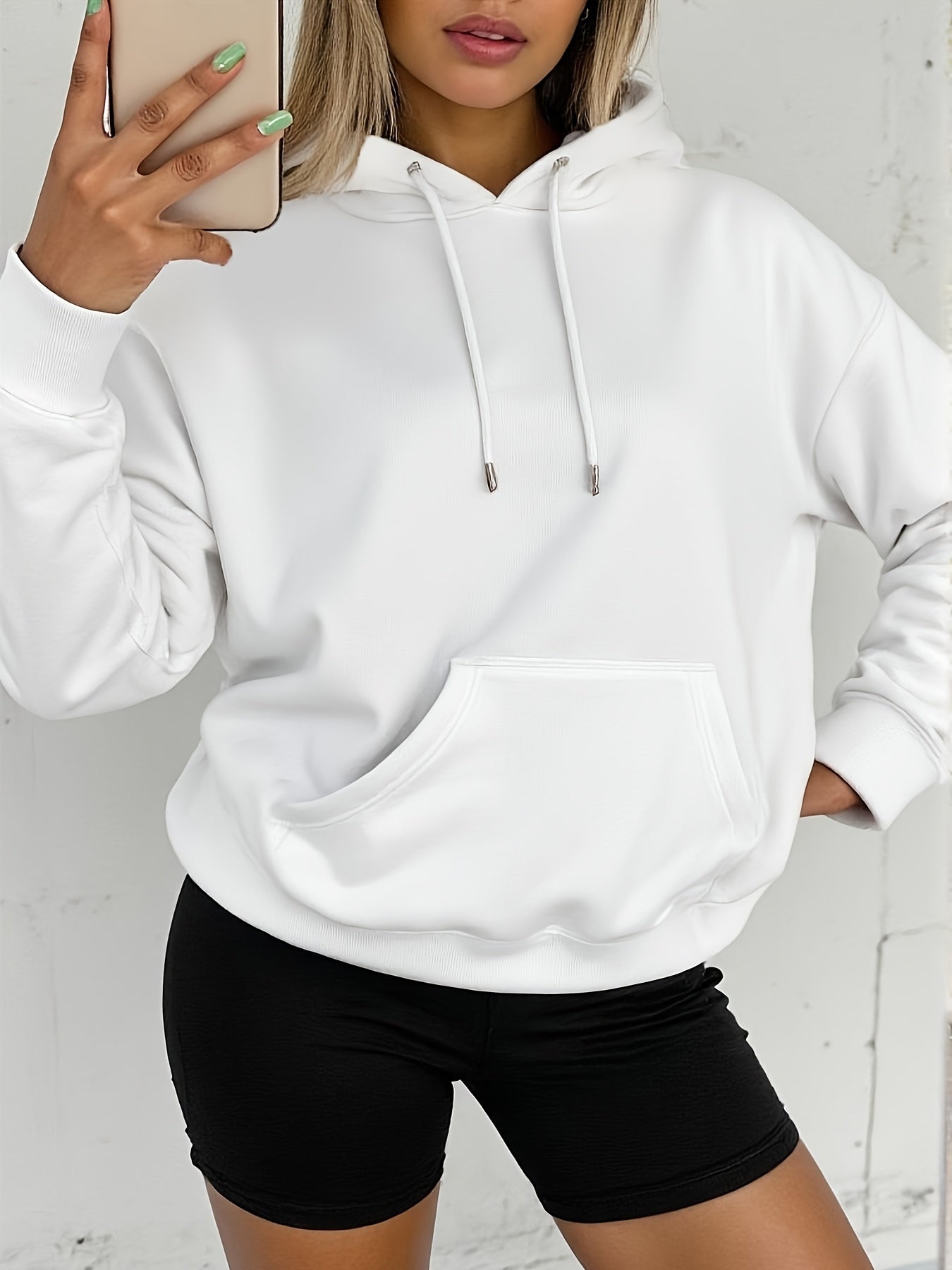 Comfortable White Fleece Hoodie for Women with Drawstring Hood Long Sleeve Relaxed Oversized Style