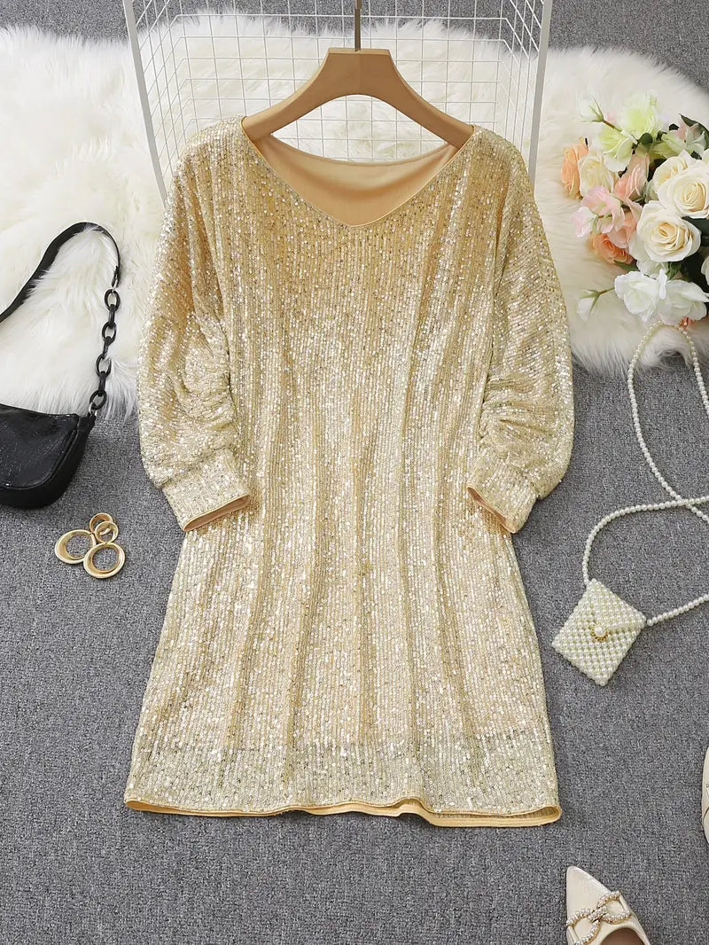 Elegant Sequin Mini Dress for Women with Off Shoulder Long Sleeve Bodycon Sparkle Formal Party Style
