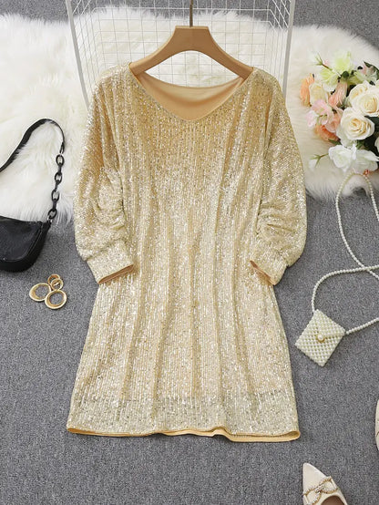 Elegant Sequin Mini Dress for Women with Off Shoulder Long Sleeve Bodycon Sparkle Formal Party Style