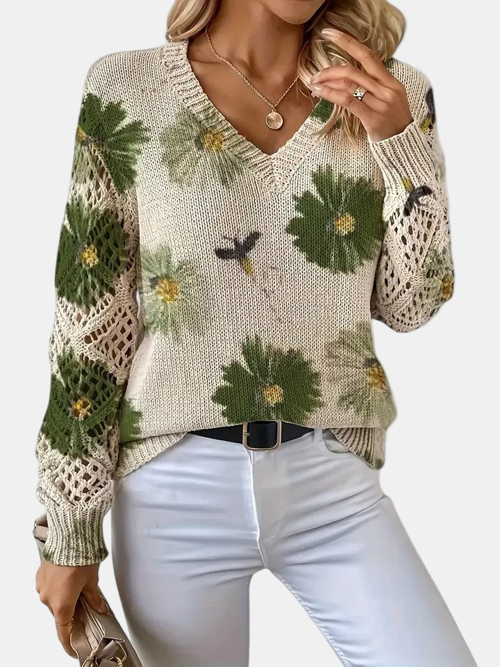 Comfortable Floral Crochet Sweater for Women with V Neck Long Sleeve Relaxed Oversized Knit Style