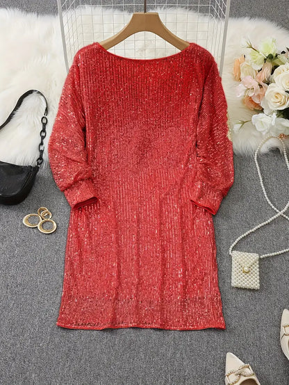 Elegant Sequin Mini Dress for Women with Off Shoulder Long Sleeve Bodycon Sparkle Formal Party Style
