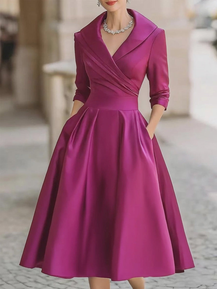 Elegant Satin Midi Dress for Women with Shawl Collar V Neck Elbow Sleeve Pleated Fit and Flare Style