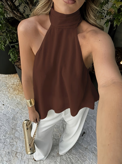 Effortless Silky Halter Top for Women with Mock Neck Sleeveless Handkerchief Hem Flowing Style