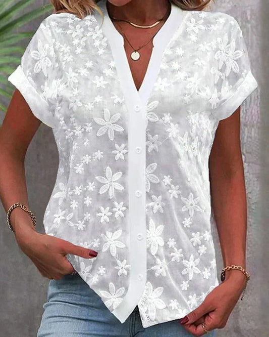 Elegant White Floral Embroidered Blouse for Women with V Neck Short Sleeve Button Front Relaxed Style