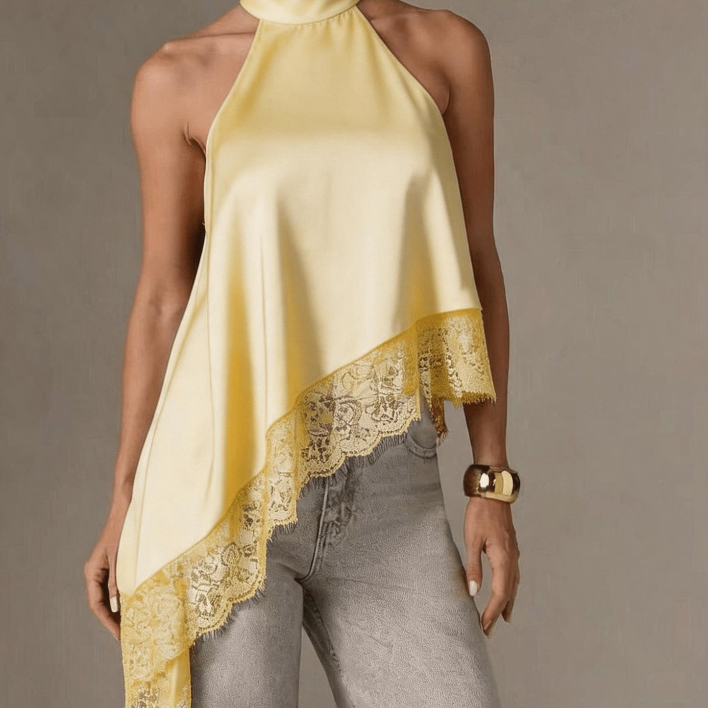 Elegant Satin Blouse for Women with Halter Neck Sleeveless Lace Trim Asymmetric Style