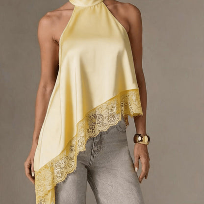 Elegant Satin Blouse for Women with Halter Neck Sleeveless Lace Trim Asymmetric Style