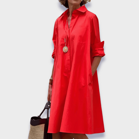 Effortless Cotton Shirt Dress for Women with Collar Long Sleeve Trapeze Midi Style