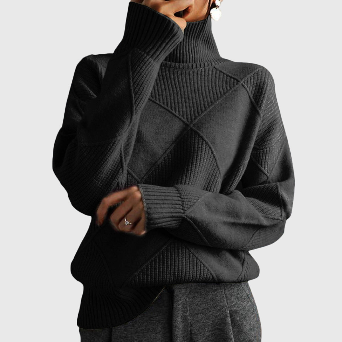 Comfortable Diamond Knit Turtleneck Sweater for Women with High Neck Long Sleeve Relaxed Oversized Style
