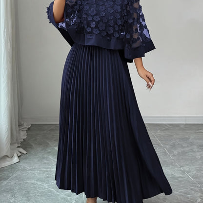 Elegant Floral Mesh Two Piece Set for Women with Round Neck Flutter Sleeve Pleated Maxi Skirt Formal Style