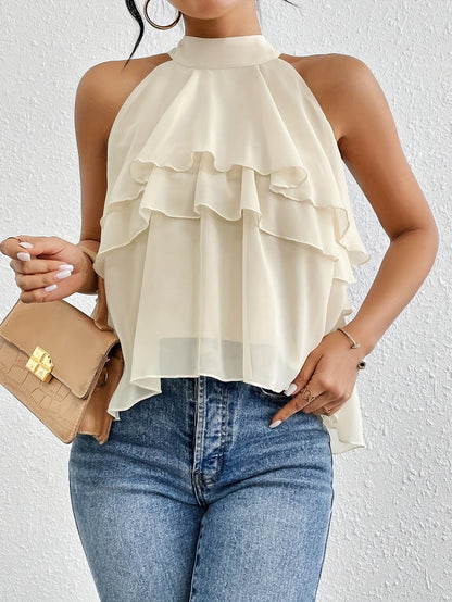 Elegant Beige Chiffon Blouse for Women with Halter Neck Tiered Ruffle Flowing Style