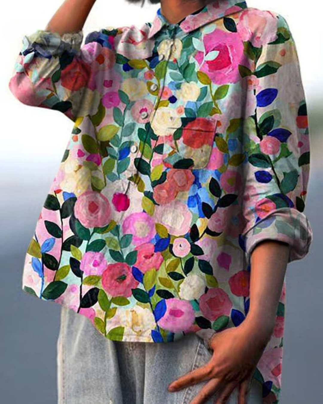 Effortless Floral Blouse for Women with Collar Long Sleeve Button Front High Low Hem Relaxed Style