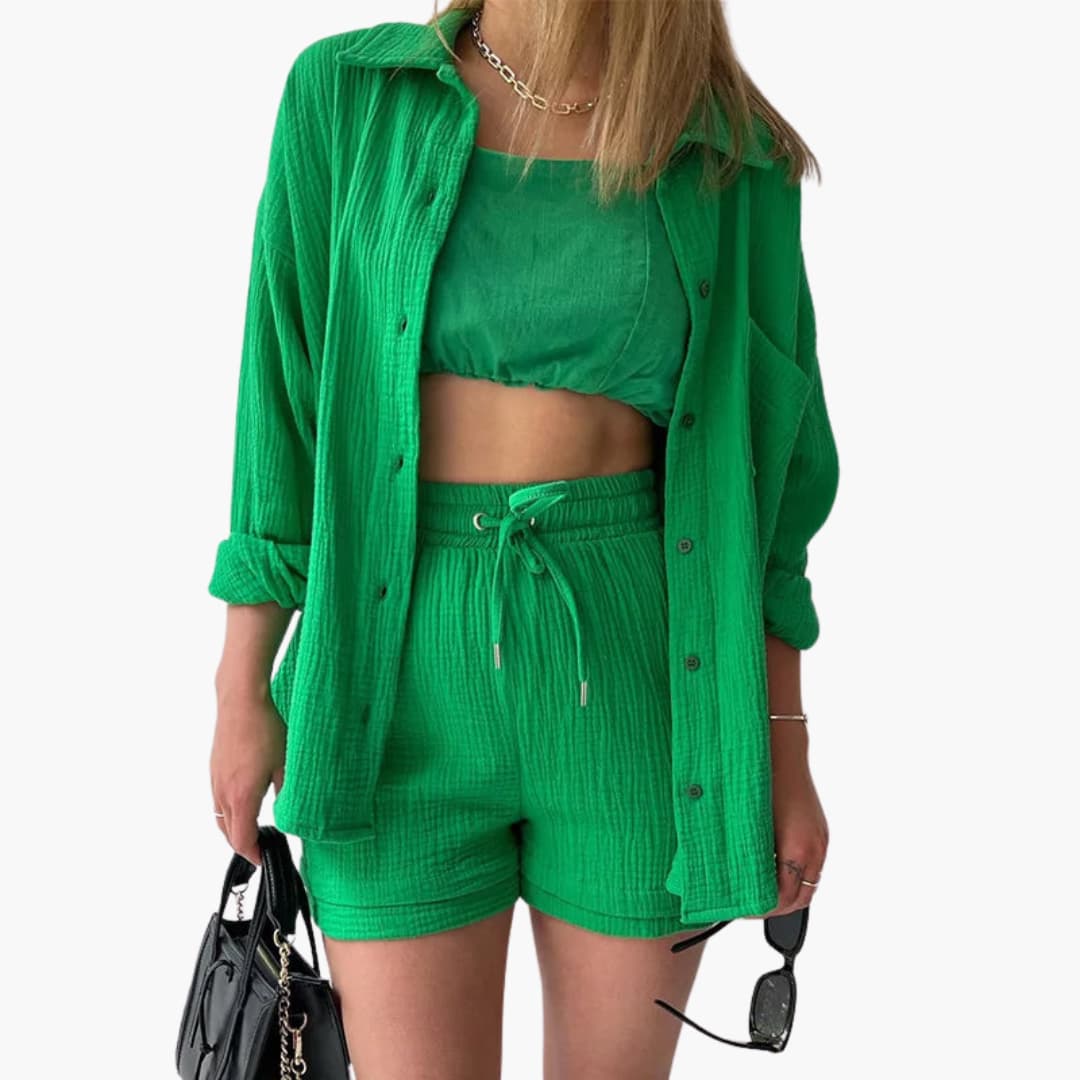 Effortless Textured Cotton Two Piece Set for Women with Collared Long Sleeve Button Front Drawstring Shorts Relaxed Style