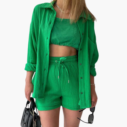 Effortless Textured Cotton Two Piece Set for Women with Collared Long Sleeve Button Front Drawstring Shorts Relaxed Style
