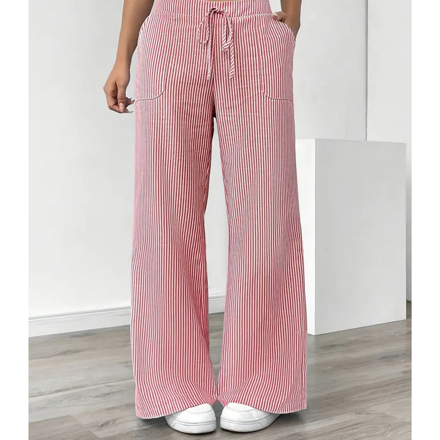 Effortless Striped Linen Wide Leg Pants for Women with High Waist Drawstring Relaxed Flowing Casual Style