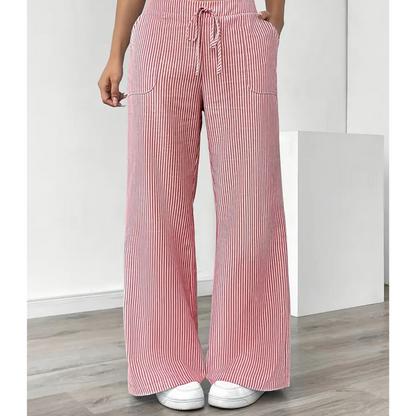 Effortless Striped Linen Wide Leg Pants for Women with High Waist Drawstring Relaxed Flowing Casual Style