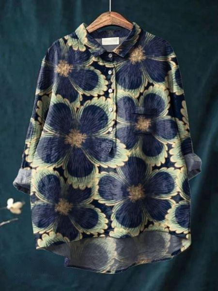 Effortless Floral Print Blouse for Women with Collar Long Sleeve Button Front Relaxed Curved Hem Style