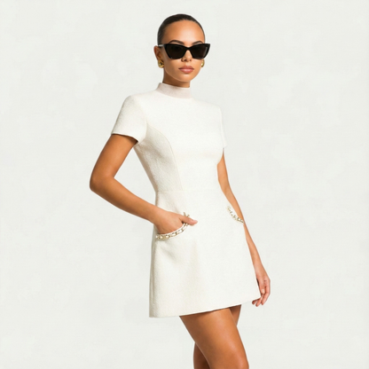 Elegant Tweed Mini Dress for Women with Pearl Embellished Crew Neck Short Sleeve Pocket Detail Cocktail Style