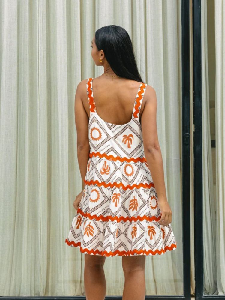 Effortless Tiered Mini Dress for Women with Square Neck Sleeveless Ric Rac Trim Flowy Style