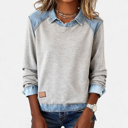 Effortless Denim Trim Sweatshirt for Women with Collar Long Sleeve Raglan Colorblock Casual Style