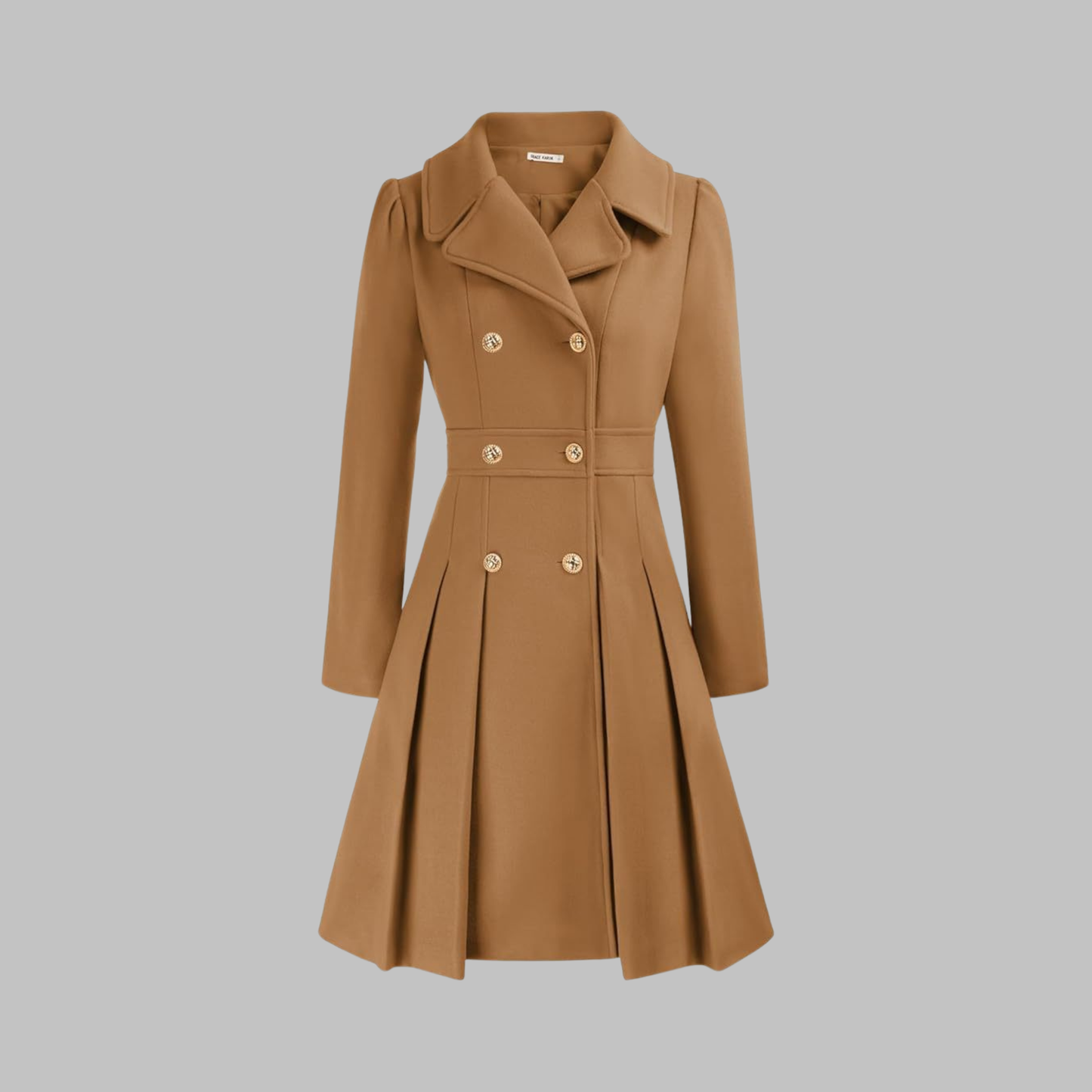 Elegant Wool Coat for Women with Notched Lapel Long Sleeve Double Breasted Pleated Flare Style