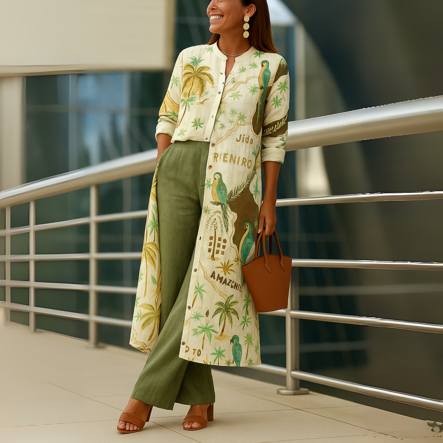 Effortless Tropical Print Wide Leg Set for Women with Button Front Long Sleeve Duster Two Piece Style
