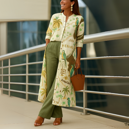 Effortless Tropical Print Wide Leg Set for Women with Button Front Long Sleeve Duster Two Piece Style