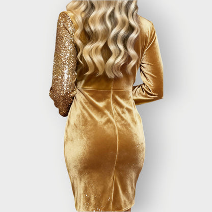 Elegant Sequin Velvet Wrap Dress for Women with V Neck Long Sleeve Ruched Asymmetrical Bodycon Cocktail Style