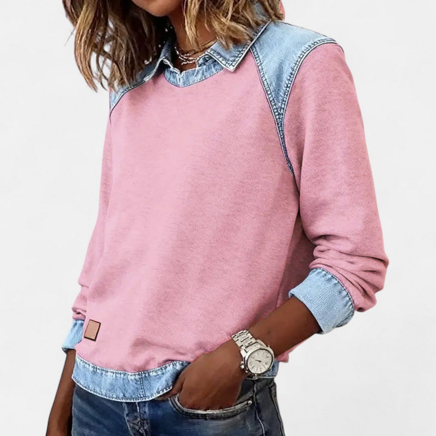 Effortless Denim Trim Sweatshirt for Women with Collar Long Sleeve Raglan Colorblock Casual Style