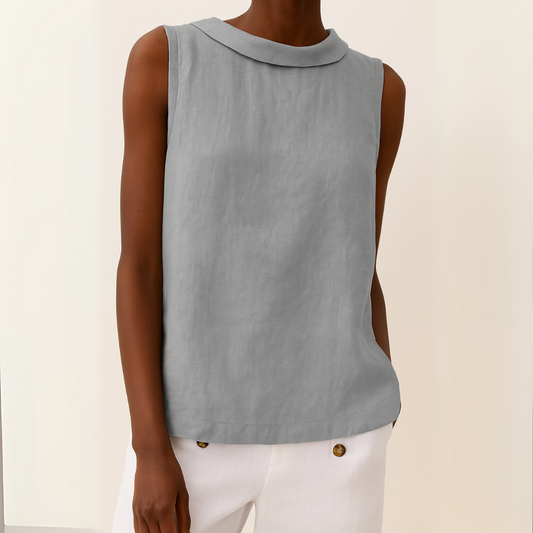 Effortless Linen Blouse for Women with Foldover Collar Sleeveless Keyhole Back Relaxed Style