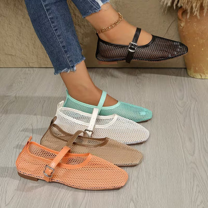 Comfortable Mary Jane Shoes for Women with Mesh Woven Buckle Strap Flat Style
