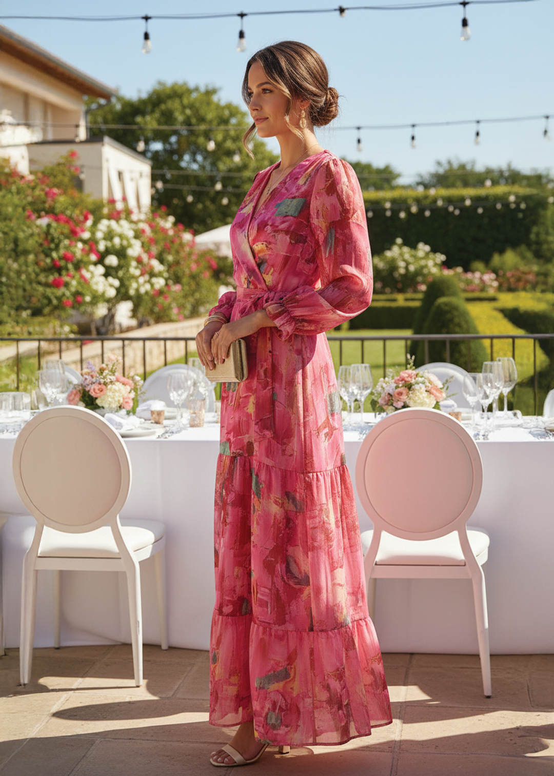 Elegant Pink Floral Maxi Dress for Women with V Neck Long Sleeve Wrap Tiered Formal Wedding Guest Style
