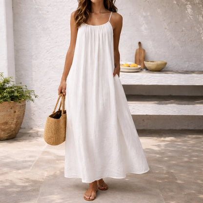 Effortless Linen Maxi Dress for Women with Scoop Neck Spaghetti Strap Flowing A Line Bohemian Style