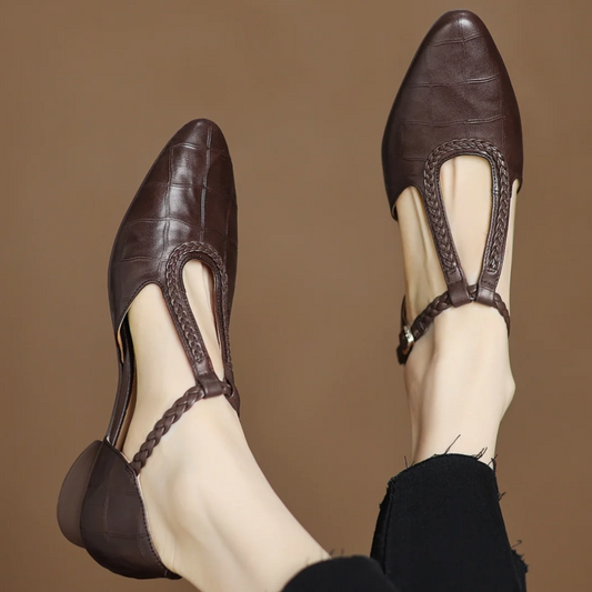 Elegant Croc Embossed T-Strap Flats for Women with Pointed Toe Braided Strap Buckle Closure Style