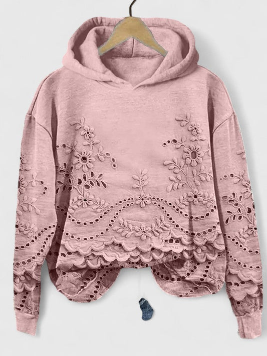 Comfortable Floral Eyelet Cropped Hoodie for Women with Hood Long Sleeve Scalloped High Low Hem Boho Style
