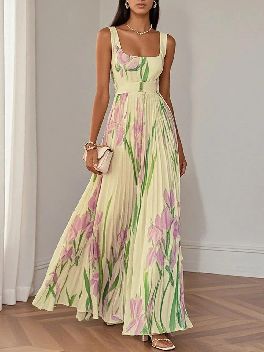 Elegant Floral Maxi Dress for Women with Square Neck Sleeveless Pleated Belted Flowing Style